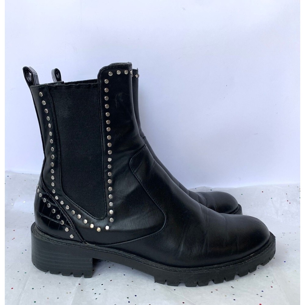 Zara Black Chelsea Studded Chunky Comfort Lug Sole Boot Size 37 Vegan Leather